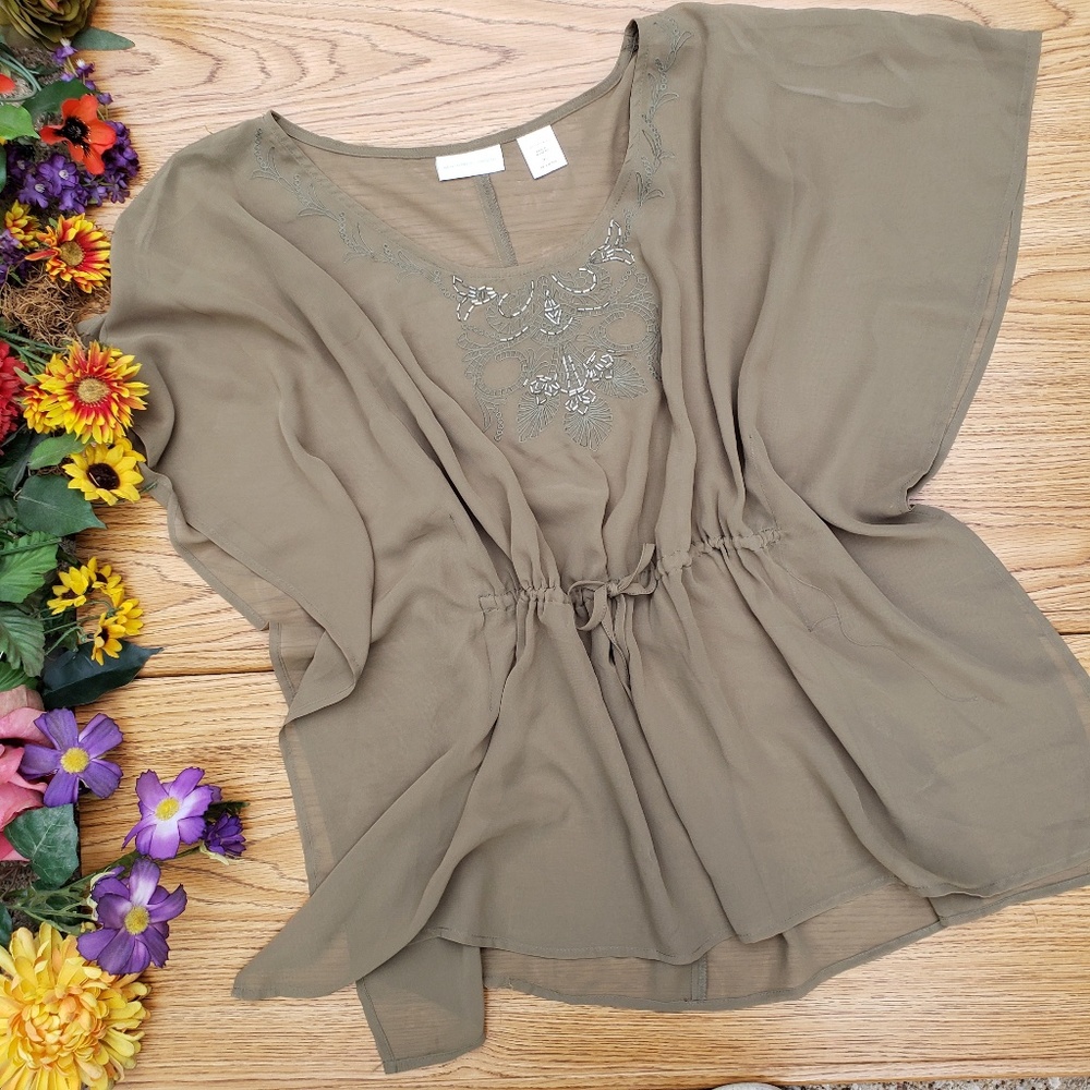 NY&Co Green Beaded Embroidered Flowy Top